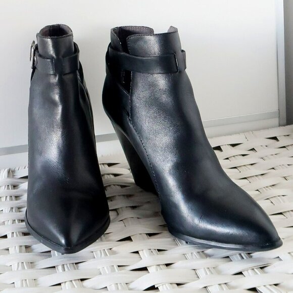 Seychelles Anthropologie Black Leather Pointy Toe Wedge Heel Ankle Boots Booties - Picture 5 of 16